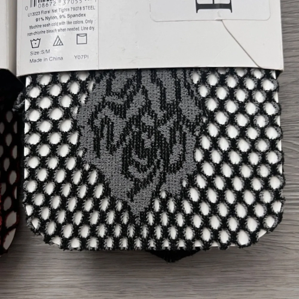HUE Women's Tights Floral Net Fishnet S/M Steel-Grey & Brick-Red W/Black